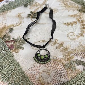 Handmade Boho Style Ribbon Necklace, Black & Green Bogo Necklace